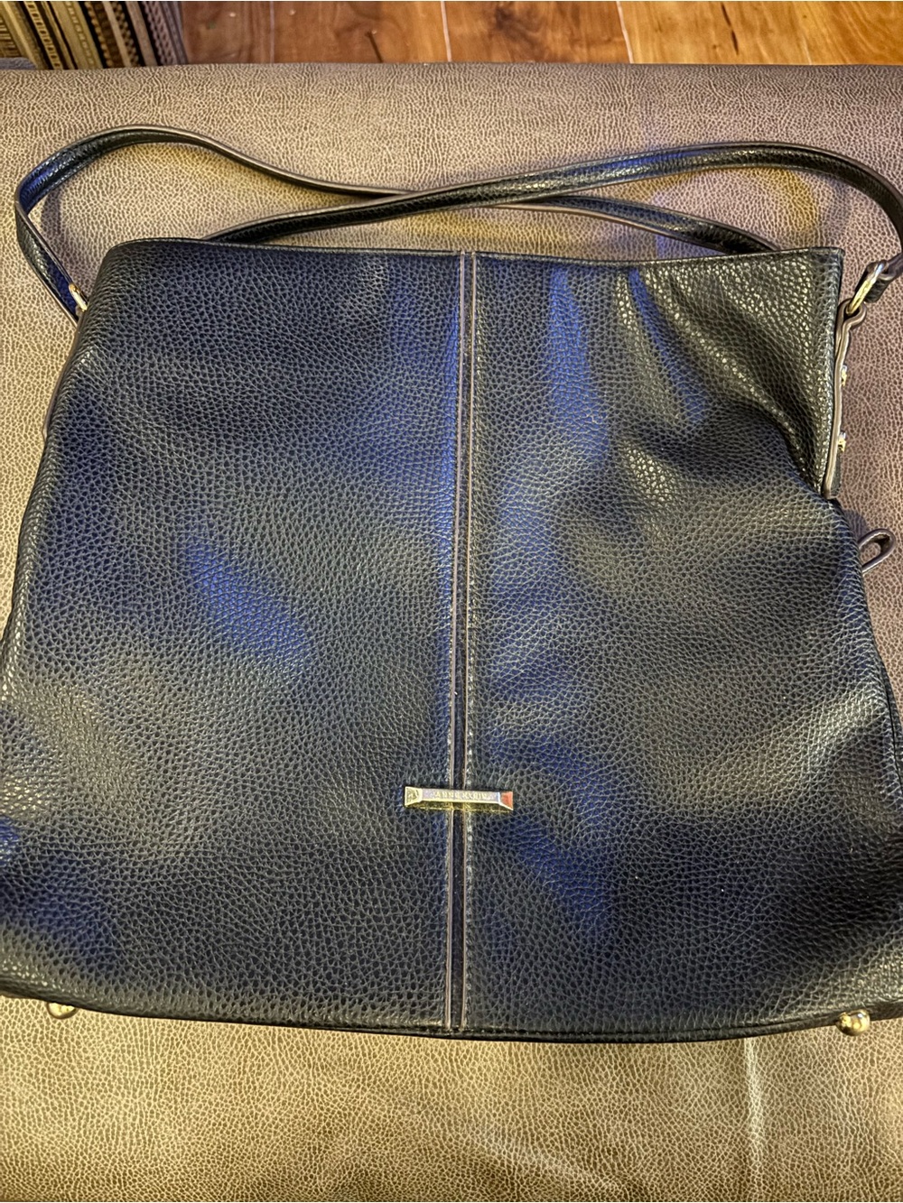 Anne Klein Black Pebbled Leather Shoulder Bag with Gold Accent